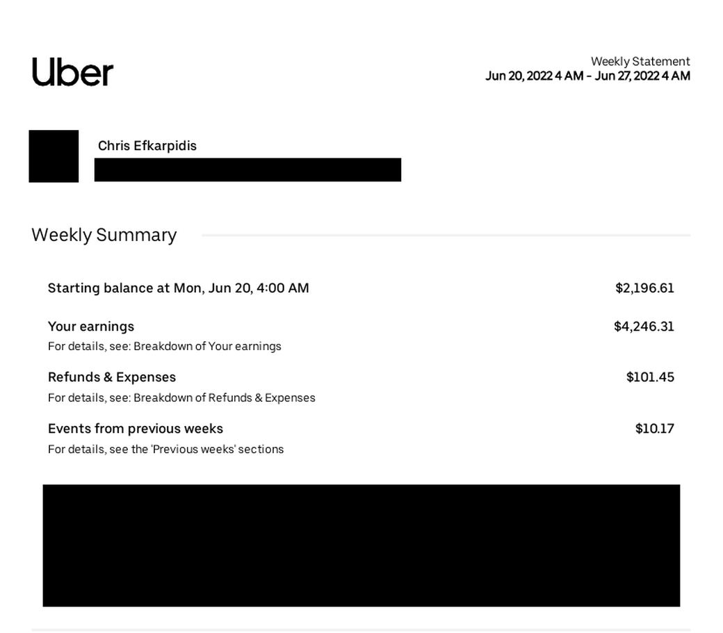 Uber weekly statement, first page, redacted